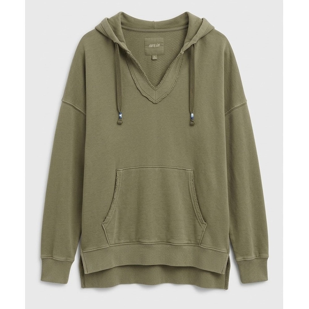 Aerie Distressed Oversized Green Olive V-neck Hoodie Sweatshirt Boxy Raw Hem M